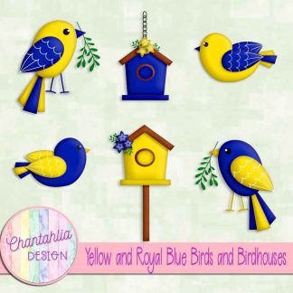 Free yellow and royal blue birds and birdhouses