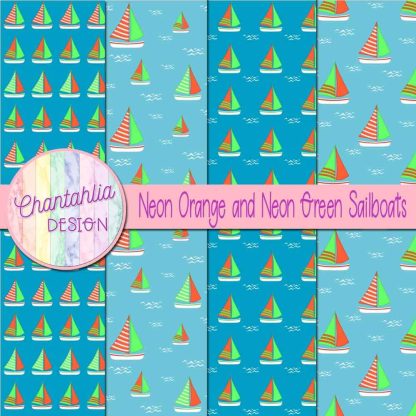 Free neon orange and neon green sailboats digital papers