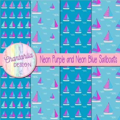 Free neon purple and neon blue sailboats digital papers