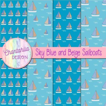 Free sky blue and beige sailboats digital papers