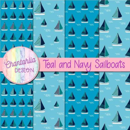 Free teal and navy sailboats digital papers