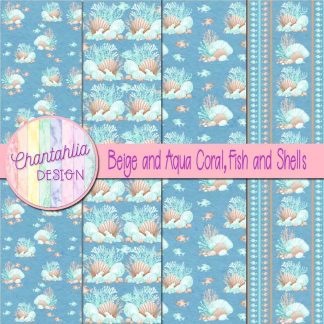 Free beige and aqua coral fish and shells digital papers