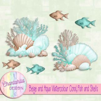 Free beige and aqua watercolour coral fish and shells