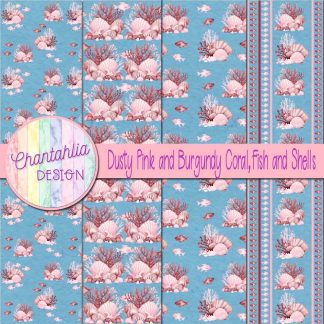 Free dusty pink and burgundy coral fish and shells digital papers