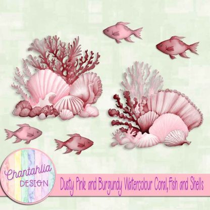 Free dusty pink and burgundy watercolour coral fish and shells
