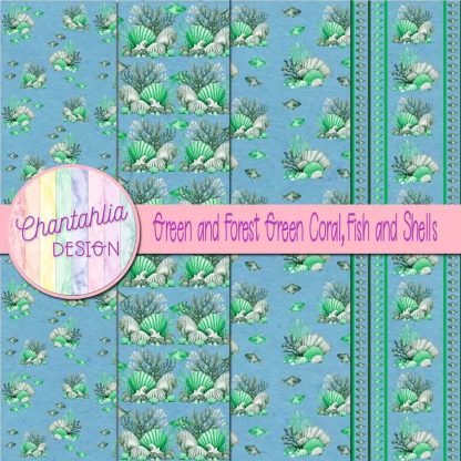 Free green and forest green coral fish and shells digital papers