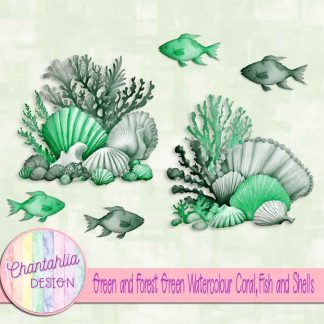 Free green and forest green watercolour coral fish and shells