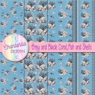 Free grey and black coral fish and shells digital papers