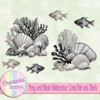 Free grey and black watercolour coral fish and shells
