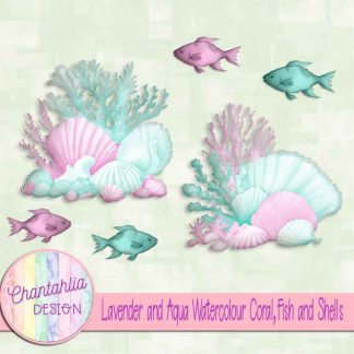 Free lavender and aqua watercolour coral fish and shells