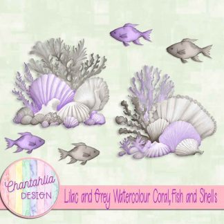 Free lilac and grey watercolour coral fish and shells