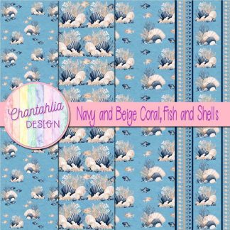 Free navy and beige coral fish and shells digital papers