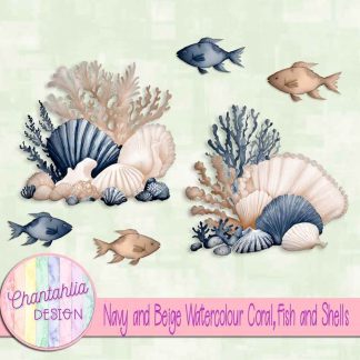 Free navy and beige watercolour coral fish and shells