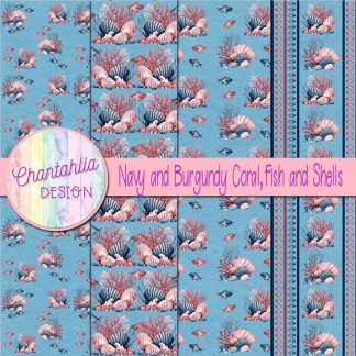 Free navy and burgundy coral fish and shells digital papers