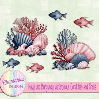 Free navy and burgundy watercolour coral fish and shells