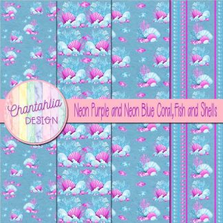 Free neon purple and neon blue coral fish and shells digital papers