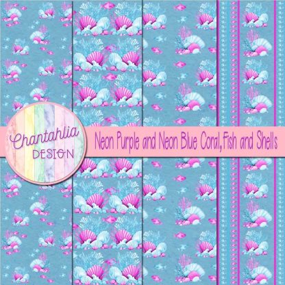 Free neon purple and neon blue coral fish and shells digital papers