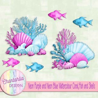 Free neon purple and neon blue watercolour coral fish and shells