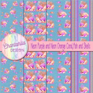 Free neon purple and neon orange coral fish and shells digital papers