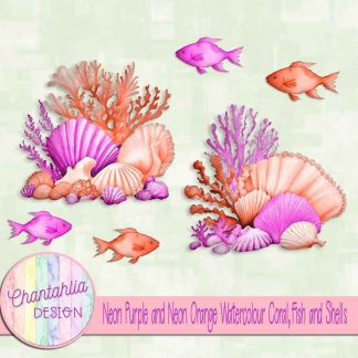 Free neon purple and neon orange watercolour coral fish and shells