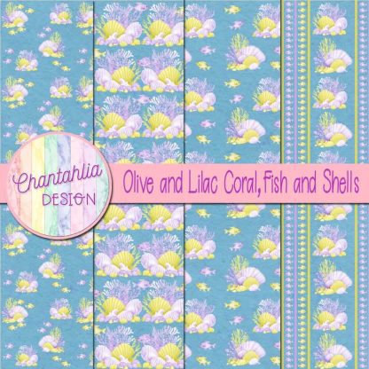 Free olive and lilac coral fish and shells digital papers
