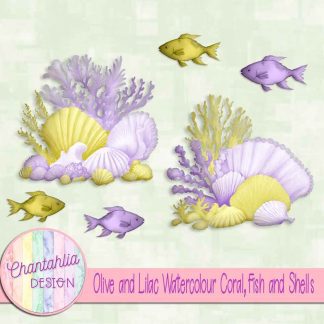 Free olive and lilac watercolour coral fish and shells