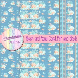 Free peach and aqua coral fish and shells digital papers