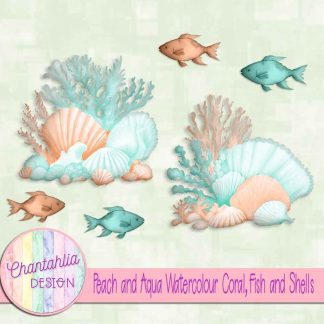 Free peach and aqua watercolour coral fish and shells