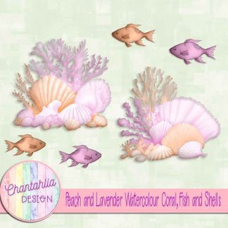 Free peach and lavender watercolour coral fish and shells