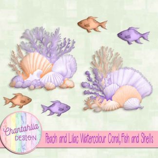 Free peach and lilac watercolour coral fish and shells