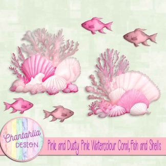 Free pink and dusty pink watercolour coral fish and shells