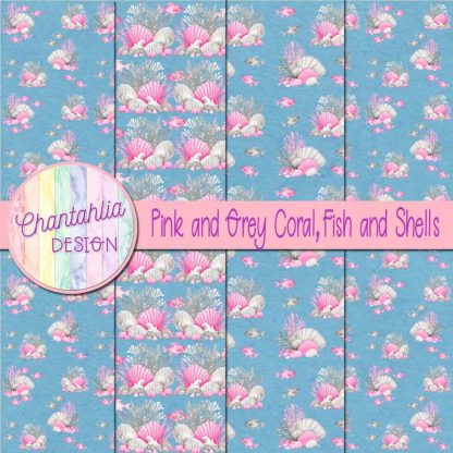 Free pink and grey coral fish and shells digital papers