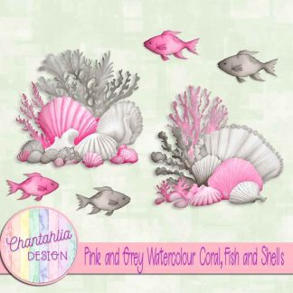 Free pink and grey watercolour coral fish and shells