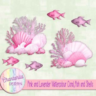 Free pink and lavender watercolour coral fish and shells