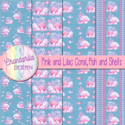 Free pink and lilac coral fish and shells digital papers