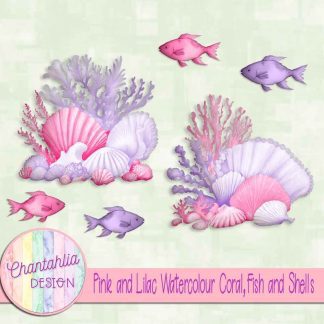 Free pink and lilac watercolour coral fish and shells