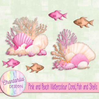 Free pink and peach watercolour coral fish and shells