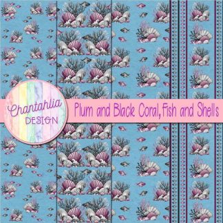 Free plum and black coral fish and shells digital papers