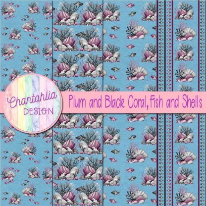 Free plum and black coral fish and shells digital papers