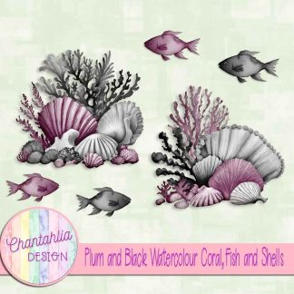 Free plum and black watercolour coral fish and shells