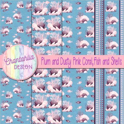 Free plum and dusty pink coral fish and shells digital papers