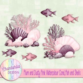 Free plum and dusty pink watercolour coral fish and shells
