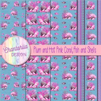 Free plum and hot pink coral fish and shells digital papers