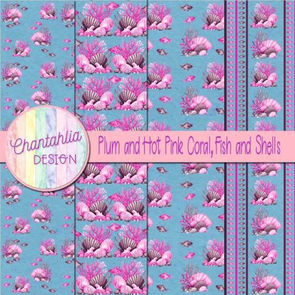 Free plum and hot pink coral fish and shells digital papers