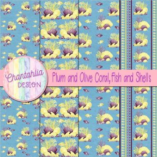 Free plum and olive coral fish and shells digital papers