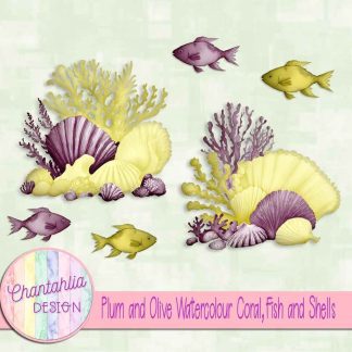Free plum and olive watercolour coral fish and shells