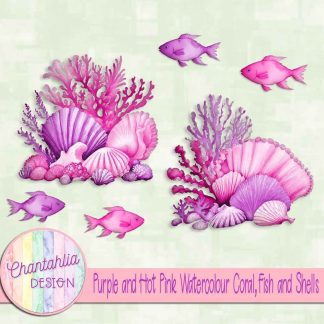 Free purple and hot pink watercolour coral fish and shells