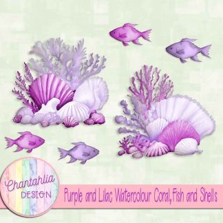 Free purple and lilac watercolour coral fish and shells