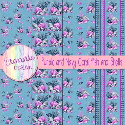Free purple and navy coral fish and shells digital papers