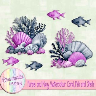Free purple and navy watercolour coral fish and shells
